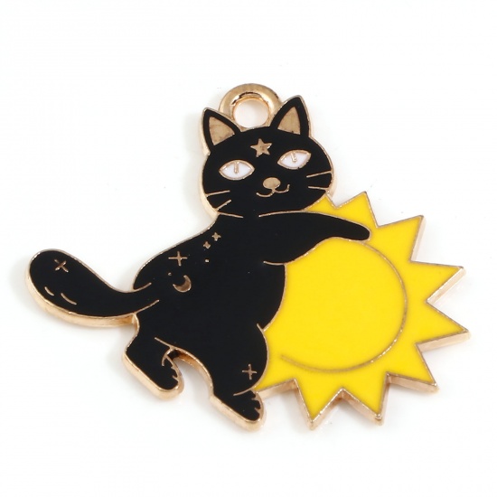 Picture of Zinc Based Alloy Halloween Charms Gold Plated Black & Yellow Sun Cat Enamel 27mm x 25mm, 10 PCs