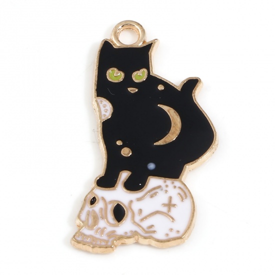 Picture of Zinc Based Alloy Halloween Charms Gold Plated Black & White Skeleton Skull Cat Enamel 27mm x 17mm, 10 PCs