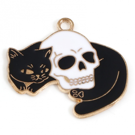 Picture of Zinc Based Alloy Halloween Charms Gold Plated Black & White Skeleton Skull Cat Enamel 27mm x 21mm, 10 PCs