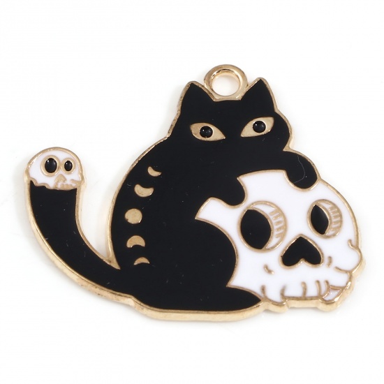 Picture of Zinc Based Alloy Halloween Charms Gold Plated Black & White Skeleton Skull Cat Enamel 26mm x 24mm, 10 PCs