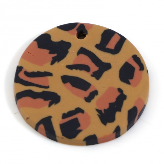 Picture of Polymer Clay Charms Round Brown Leopard Print 26mm Dia., 5 PCs