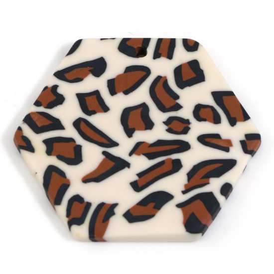 Picture of Polymer Clay Pendants Hexagon Beige Leopard Print 3.9cm x 3.4cm, 5 PCs