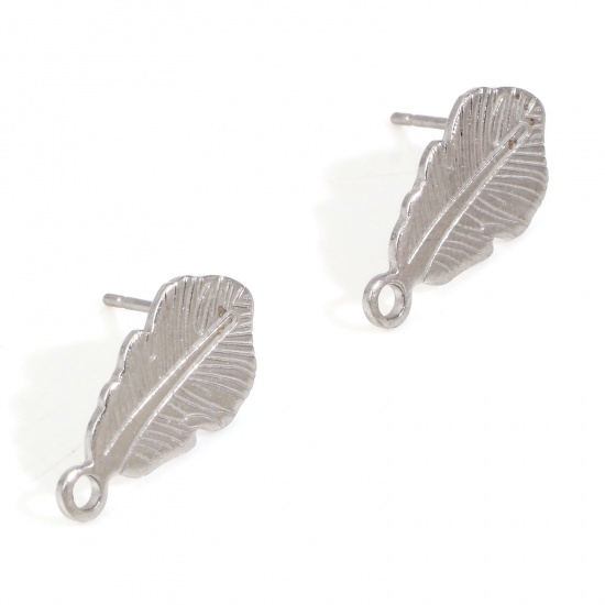 304ステンレス鋼 イヤポストスタッドピアス ループコネクター付きアクセサリー 羽 シルバートーン 18.5mm x 10mm、 10 個 の画像