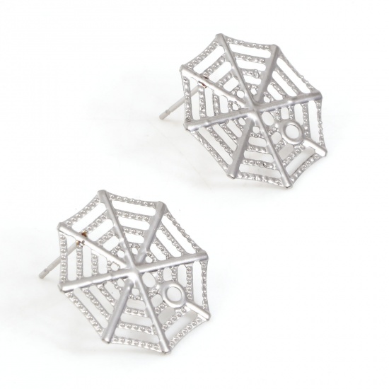 Picture of 304 Stainless Steel Ear Post Stud Earring For DIY Jewelry Making Accessories Halloween Cobweb Silver Tone 22mm x 22mm, Post/ Wire Size: (21 gauge), 10 PCs