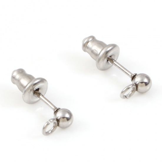 Picture of 304 Stainless Steel Ear Post Stud Earring With Loop Connector Accessories Round Silver Tone 6mm x 3mm, Post/ Wire Size: (21 gauge), 10 PCs