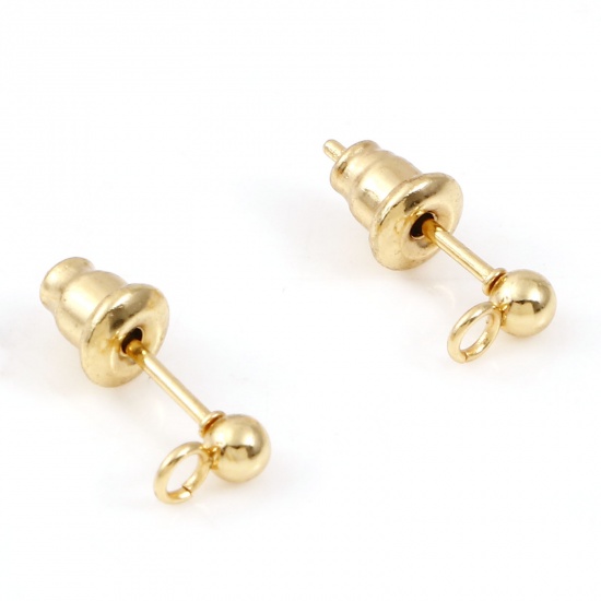 Picture of 304 Stainless Steel Ear Post Stud Earring With Loop Connector Accessories Round 18K Gold Color 6mm x 3mm, Post/ Wire Size: (21 gauge), 10 PCs