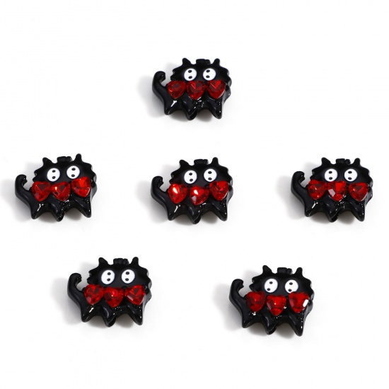 Picture of Zinc Based Alloy Spacer Beads For DIY Charm Jewelry Making Black Cat Animal Heart Red Rhinestone Enamel About 17mm x 16mm, Hole: Approx 1.5mm, 2 PCs