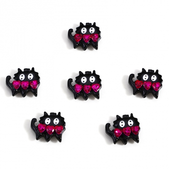 Picture of Zinc Based Alloy Spacer Beads For DIY Charm Jewelry Making Black Cat Animal Heart Fuchsia Rhinestone Enamel About 17mm x 16mm, Hole: Approx 1.5mm, 2 PCs