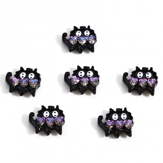 Picture of Zinc Based Alloy Spacer Beads For DIY Charm Jewelry Making Black Cat Animal Heart Purple Rhinestone Enamel About 17mm x 16mm, Hole: Approx 1.5mm, 2 PCs