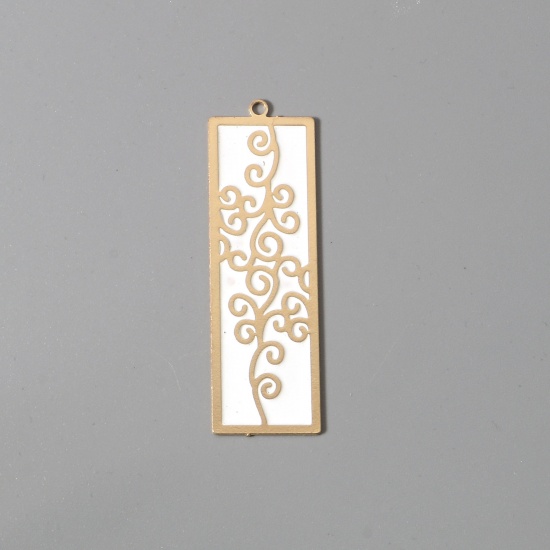 Picture of Iron Based Alloy Pendants Gold Plated White Rectangle Flower Vine Enamel 4.8cm x 1.5cm, 2 PCs