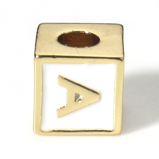 Picture of Brass Simple Beads For DIY Charm Jewelry Making 18K Real Gold Plated White Cube Initial Alphabet/ Capital Letter Enamel Message " A " About 6mm x 6mm, Hole: Approx 2.5mm, 1 Piece                                                                            