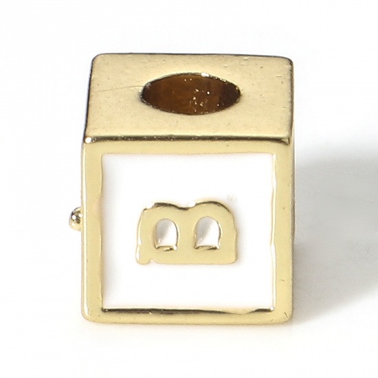 Picture of Brass Simple Beads For DIY Charm Jewelry Making 18K Real Gold Plated White Cube Initial Alphabet/ Capital Letter Enamel Message " B " About 6mm x 6mm, Hole: Approx 2.5mm, 1 Piece                                                                            