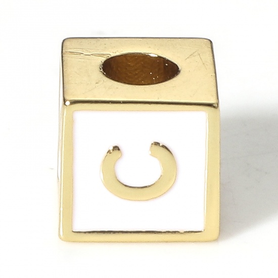 Picture of Brass Simple Beads For DIY Charm Jewelry Making 18K Real Gold Plated White Cube Initial Alphabet/ Capital Letter Enamel Message " C " About 6mm x 6mm, Hole: Approx 2.5mm, 1 Piece                                                                            