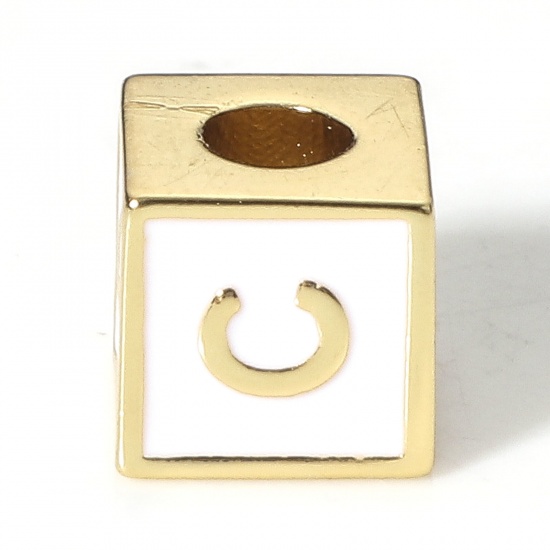 Picture of Brass Simple Beads For DIY Jewelry Making 18K Real Gold Plated White Cube Initial Alphabet/ Capital Letter Enamel Message " C " About 6mm x 6mm, Hole: Approx 2.5mm, 1 Piece