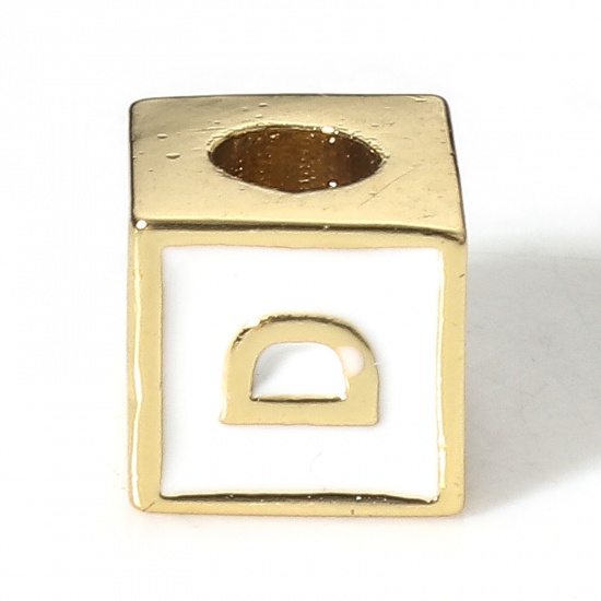 Picture of Brass Simple Beads For DIY Charm Jewelry Making 18K Real Gold Plated White Cube Initial Alphabet/ Capital Letter Enamel Message " D " About 6mm x 6mm, Hole: Approx 2.5mm, 1 Piece                                                                            