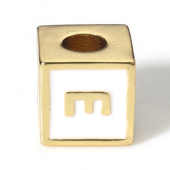 Picture of Brass Simple Beads For DIY Charm Jewelry Making 18K Real Gold Plated White Cube Initial Alphabet/ Capital Letter Enamel Message " E " About 6mm x 6mm, Hole: Approx 2.5mm, 1 Piece                                                                            