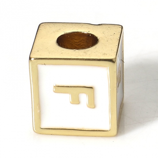 Picture of Brass Simple Beads For DIY Charm Jewelry Making 18K Real Gold Plated White Cube Initial Alphabet/ Capital Letter Enamel Message " F " About 6mm x 6mm, Hole: Approx 2.5mm, 1 Piece                                                                            