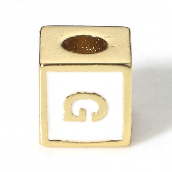 Picture of Brass Simple Beads For DIY Charm Jewelry Making 18K Real Gold Plated White Cube Initial Alphabet/ Capital Letter Enamel Message " G " About 6mm x 6mm, Hole: Approx 2.5mm, 1 Piece                                                                            