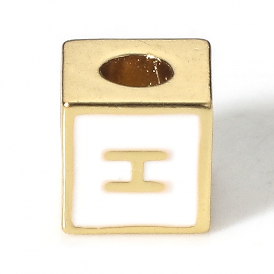 Picture of Brass Simple Beads For DIY Charm Jewelry Making 18K Real Gold Plated White Cube Initial Alphabet/ Capital Letter Enamel Message " H " About 6mm x 6mm, Hole: Approx 2.5mm, 1 Piece                                                                            