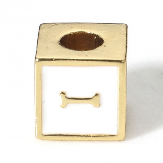 Picture of Brass Simple Beads For DIY Charm Jewelry Making 18K Real Gold Plated White Cube Initial Alphabet/ Capital Letter Enamel Message " I " About 6mm x 6mm, Hole: Approx 2.5mm, 1 Piece                                                                            