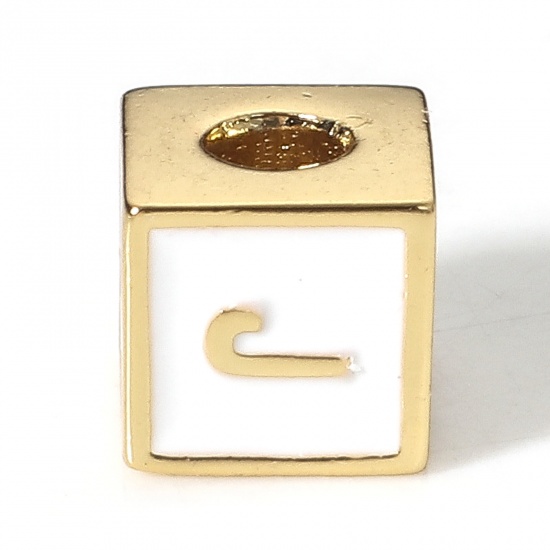 Picture of Brass Simple Beads For DIY Jewelry Making 18K Real Gold Plated White Cube Initial Alphabet/ Capital Letter Enamel Message " J " About 6mm x 6mm, Hole: Approx 2.5mm, 1 Piece