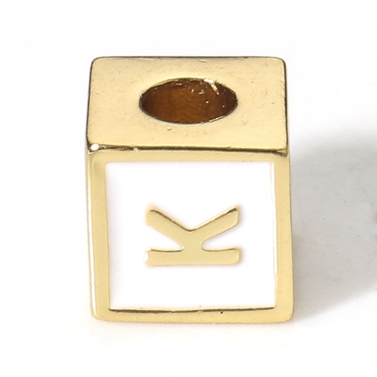 Picture of Brass Simple Beads For DIY Charm Jewelry Making 18K Real Gold Plated White Cube Initial Alphabet/ Capital Letter Enamel Message " K " About 6mm x 6mm, Hole: Approx 2.5mm, 1 Piece                                                                            