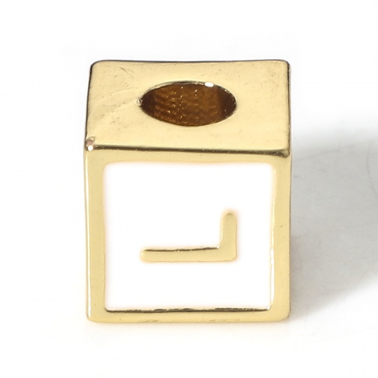 Picture of Brass Simple Beads For DIY Charm Jewelry Making 18K Real Gold Plated White Cube Initial Alphabet/ Capital Letter Enamel Message " L " About 6mm x 6mm, Hole: Approx 2.5mm, 1 Piece                                                                            