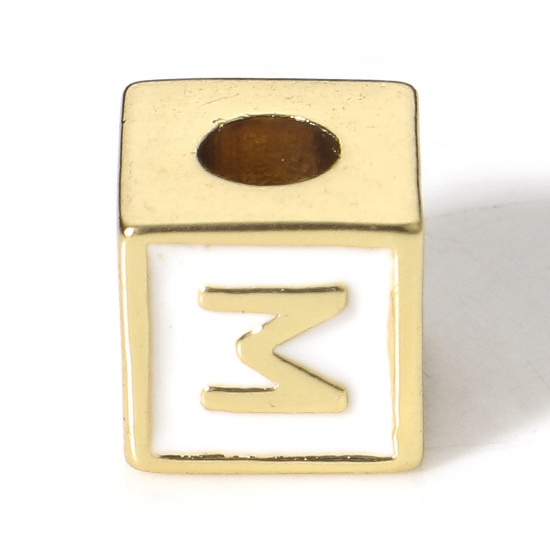 Picture of Brass Simple Beads For DIY Charm Jewelry Making 18K Real Gold Plated White Cube Initial Alphabet/ Capital Letter Enamel Message " M " About 6mm x 6mm, Hole: Approx 2.5mm, 1 Piece                                                                            
