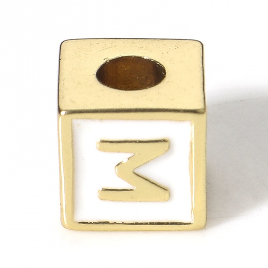 Picture of Brass Simple Beads For DIY Jewelry Making 18K Real Gold Plated White Cube Initial Alphabet/ Capital Letter Enamel Message " M " About 6mm x 6mm, Hole: Approx 2.5mm, 1 Piece