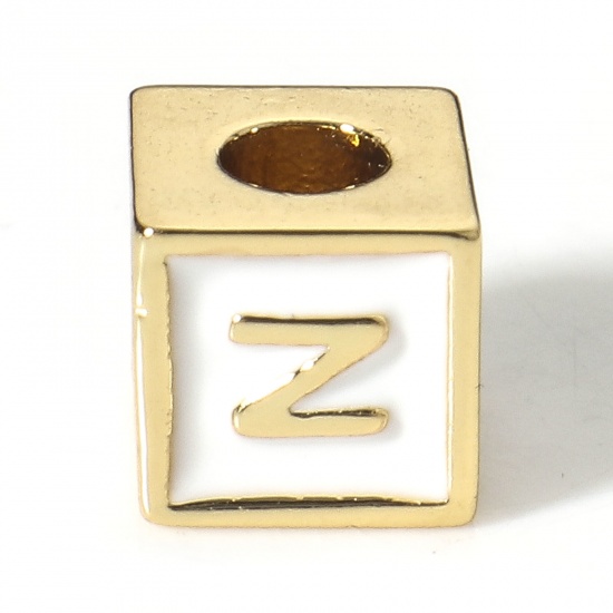 Picture of Brass Simple Beads For DIY Charm Jewelry Making 18K Real Gold Plated White Cube Initial Alphabet/ Capital Letter Enamel Message " N " About 6mm x 6mm, Hole: Approx 2.5mm, 1 Piece                                                                            
