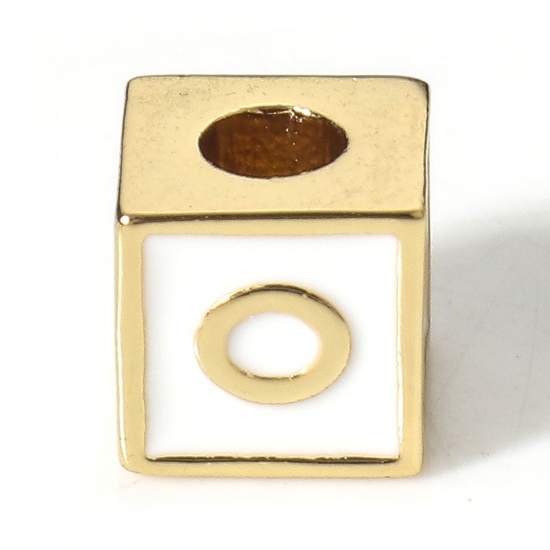 Picture of Brass Simple Beads For DIY Charm Jewelry Making 18K Real Gold Plated White Cube Initial Alphabet/ Capital Letter Enamel Message " O " About 6mm x 6mm, Hole: Approx 2.5mm, 1 Piece                                                                            