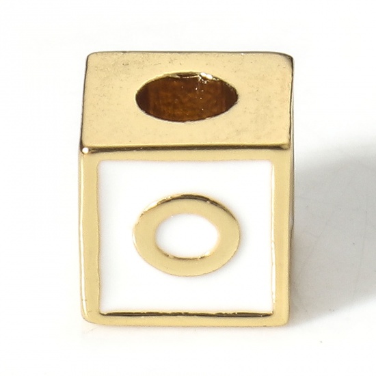 Picture of Brass Simple Beads For DIY Jewelry Making 18K Real Gold Plated White Cube Initial Alphabet/ Capital Letter Enamel Message " O " About 6mm x 6mm, Hole: Approx 2.5mm, 1 Piece