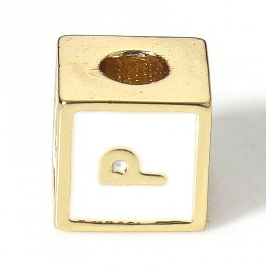 Picture of Brass Simple Beads For DIY Charm Jewelry Making 18K Real Gold Plated White Cube Initial Alphabet/ Capital Letter Enamel Message " P " About 6mm x 6mm, Hole: Approx 2.5mm, 1 Piece                                                                            