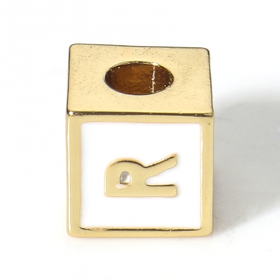 Picture of Brass Simple Beads For DIY Charm Jewelry Making 18K Real Gold Plated White Cube Initial Alphabet/ Capital Letter Enamel Message " R " About 6mm x 6mm, Hole: Approx 2.5mm, 1 Piece                                                                            