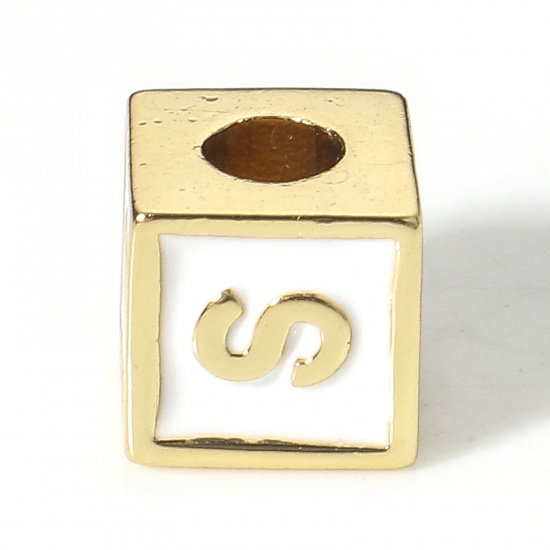 Picture of Brass Simple Beads For DIY Charm Jewelry Making 18K Real Gold Plated White Cube Initial Alphabet/ Capital Letter Enamel Message " S " About 6mm x 6mm, Hole: Approx 2.5mm, 1 Piece                                                                            