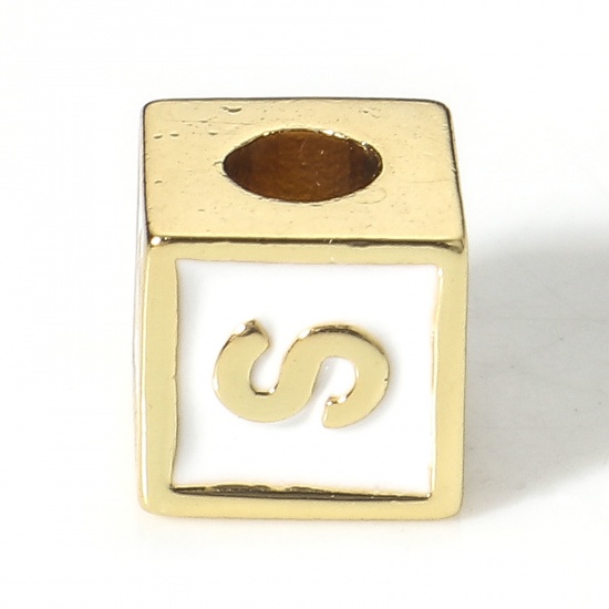 Picture of Brass Simple Beads For DIY Jewelry Making 18K Real Gold Plated White Cube Initial Alphabet/ Capital Letter Enamel Message " S " About 6mm x 6mm, Hole: Approx 2.5mm, 1 Piece