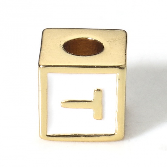 Picture of Brass Simple Beads For DIY Charm Jewelry Making 18K Real Gold Plated White Cube Initial Alphabet/ Capital Letter Enamel Message " T " About 6mm x 6mm, Hole: Approx 2.5mm, 1 Piece                                                                            