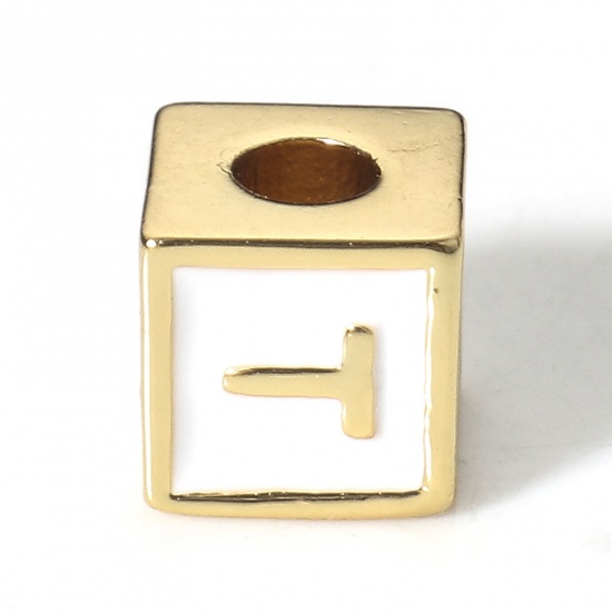 Picture of Brass Simple Beads For DIY Jewelry Making 18K Real Gold Plated White Cube Initial Alphabet/ Capital Letter Enamel Message " T " About 6mm x 6mm, Hole: Approx 2.5mm, 1 Piece