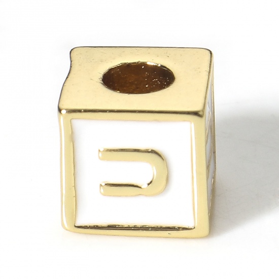 Picture of Brass Simple Beads For DIY Charm Jewelry Making 18K Real Gold Plated White Cube Initial Alphabet/ Capital Letter Enamel Message " U " About 6mm x 6mm, Hole: Approx 2.5mm, 1 Piece                                                                            