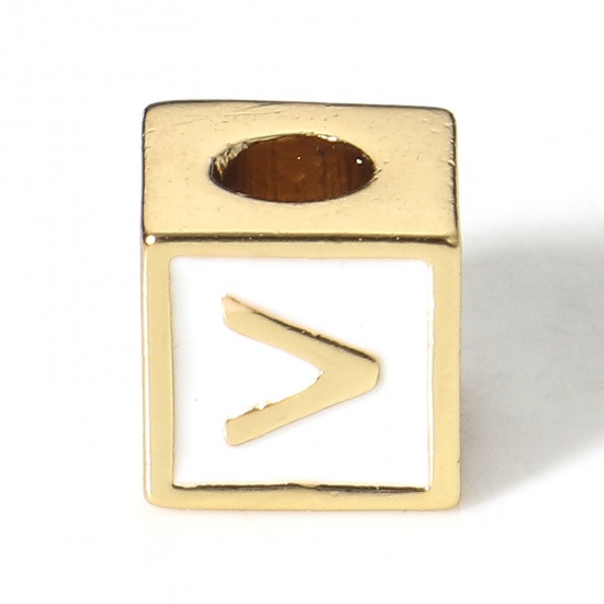 Picture of Brass Simple Beads For DIY Charm Jewelry Making 18K Real Gold Plated White Cube Initial Alphabet/ Capital Letter Enamel Message " V " About 6mm x 6mm, Hole: Approx 2.5mm, 1 Piece                                                                            