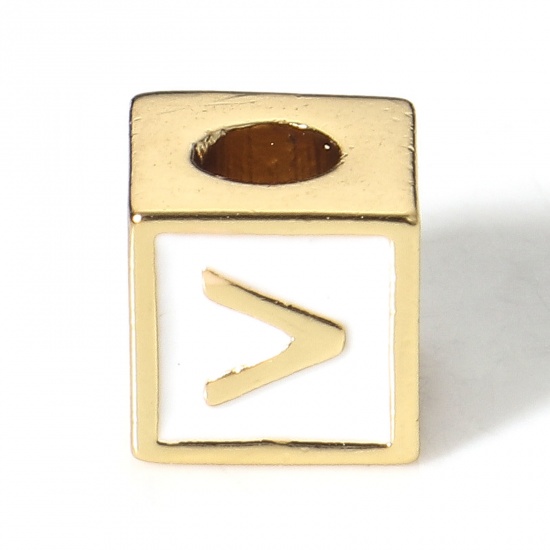 Picture of Brass Simple Beads For DIY Jewelry Making 18K Real Gold Plated White Cube Initial Alphabet/ Capital Letter Enamel Message " V " About 6mm x 6mm, Hole: Approx 2.5mm, 1 Piece