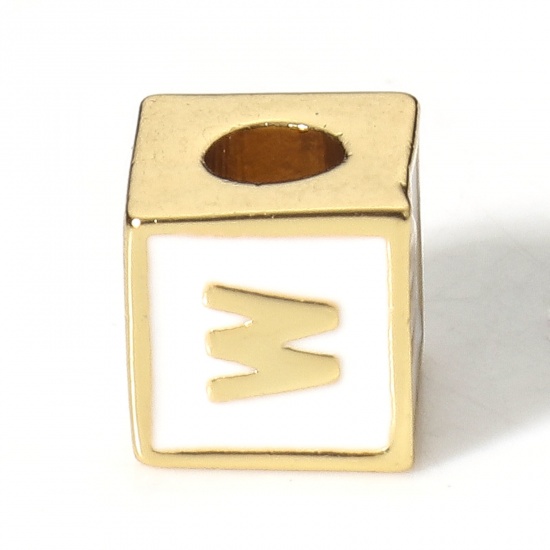 Picture of Brass Simple Beads For DIY Charm Jewelry Making 18K Real Gold Plated White Cube Initial Alphabet/ Capital Letter Enamel Message " W " About 6mm x 6mm, Hole: Approx 2.5mm, 1 Piece                                                                            