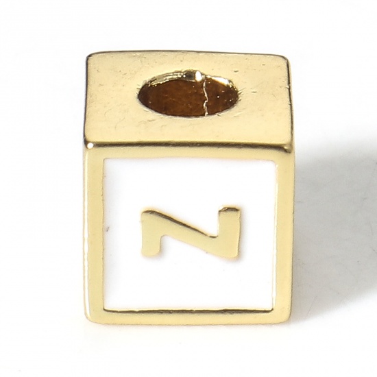 Picture of Brass Simple Beads For DIY Charm Jewelry Making 18K Real Gold Plated White Cube Initial Alphabet/ Capital Letter Enamel Message " Z " About 6mm x 6mm, Hole: Approx 2.5mm, 1 Piece                                                                            