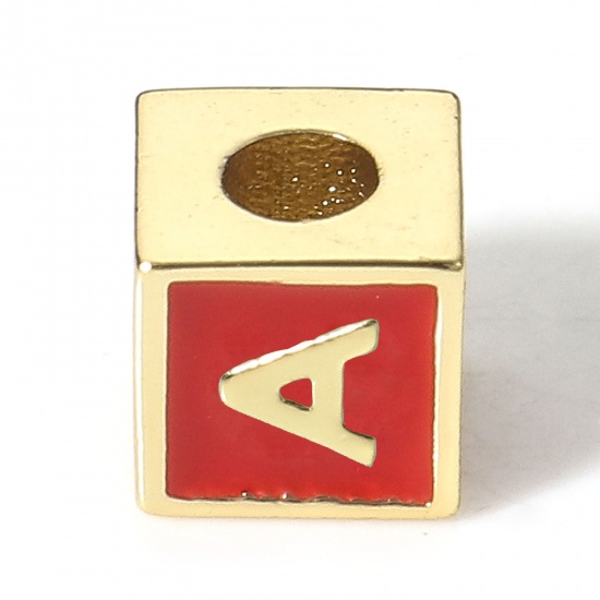 Picture of Brass Simple Beads For DIY Charm Jewelry Making 18K Real Gold Plated Red Cube Initial Alphabet/ Capital Letter Enamel Message " A " About 6mm x 6mm, Hole: Approx 2.5mm, 1 Piece                                                                              