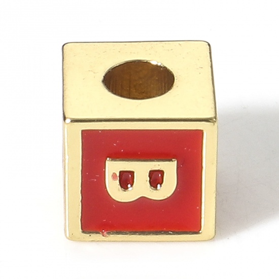 Picture of Brass Simple Beads For DIY Charm Jewelry Making 18K Real Gold Plated Red Cube Initial Alphabet/ Capital Letter Enamel Message " B " About 6mm x 6mm, Hole: Approx 2.5mm, 1 Piece                                                                              