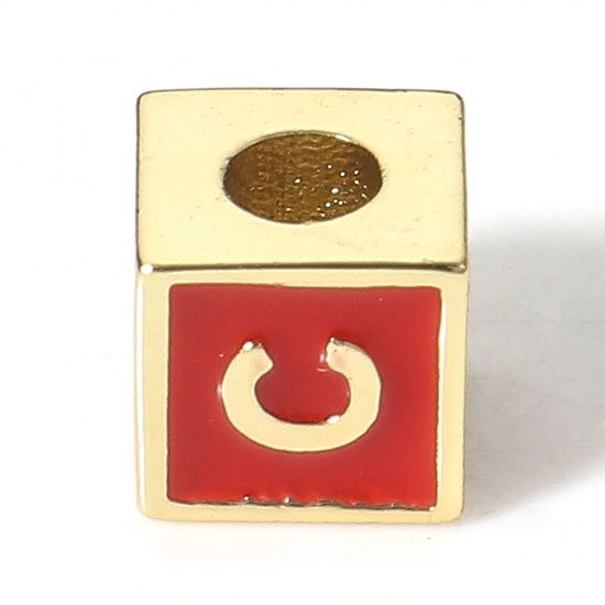 Picture of Brass Simple Beads For DIY Charm Jewelry Making 18K Real Gold Plated Red Cube Initial Alphabet/ Capital Letter Enamel Message " C " About 6mm x 6mm, Hole: Approx 2.5mm, 1 Piece                                                                              