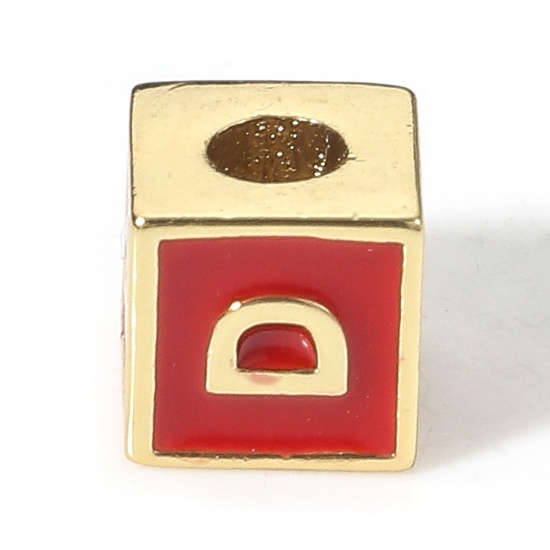 Picture of Brass Simple Beads For DIY Charm Jewelry Making 18K Real Gold Plated Red Cube Initial Alphabet/ Capital Letter Enamel Message " D " About 6mm x 6mm, Hole: Approx 2.5mm, 1 Piece                                                                              