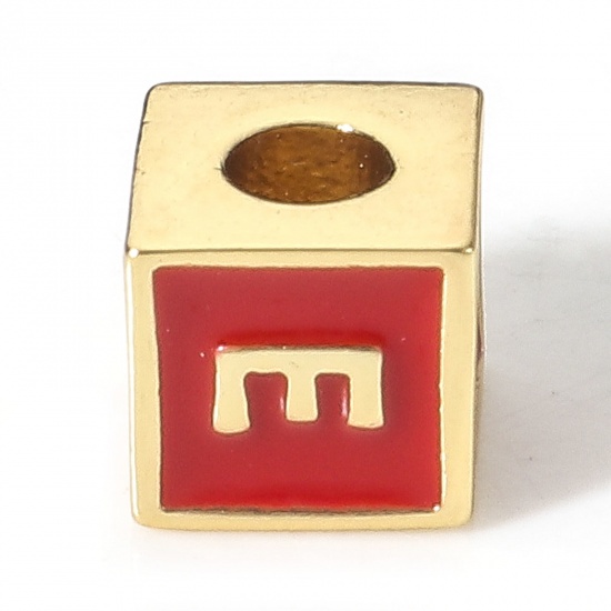Picture of Brass Simple Beads For DIY Charm Jewelry Making 18K Real Gold Plated Red Cube Initial Alphabet/ Capital Letter Enamel Message " E " About 6mm x 6mm, Hole: Approx 2.5mm, 1 Piece                                                                              