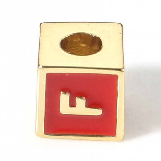 Picture of Brass Simple Beads For DIY Charm Jewelry Making 18K Real Gold Plated Red Cube Initial Alphabet/ Capital Letter Enamel Message " F " About 6mm x 6mm, Hole: Approx 2.5mm, 1 Piece                                                                              