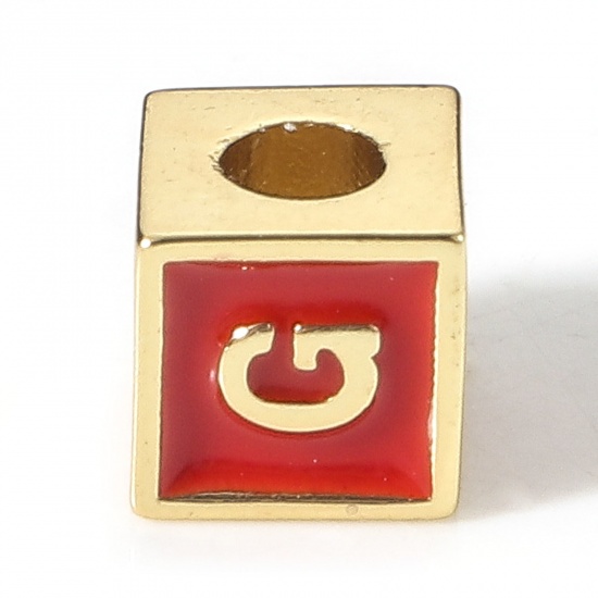 Picture of Brass Simple Beads For DIY Charm Jewelry Making 18K Real Gold Plated Red Cube Initial Alphabet/ Capital Letter Enamel Message " G " About 6mm x 6mm, Hole: Approx 2.5mm, 1 Piece                                                                              